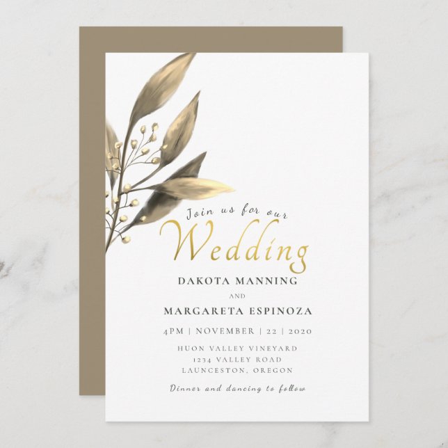 Convites Casamento de folhas castanhas com script de ouro r (Frente/Verso)