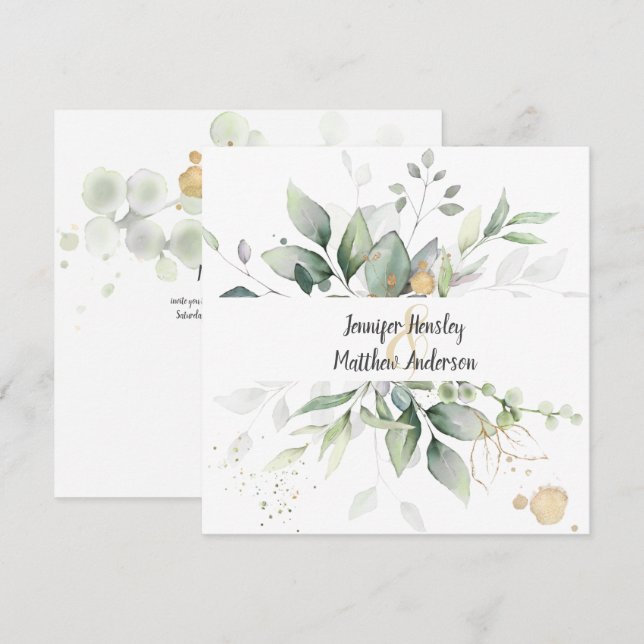 Convites Casamento de Folhas com Moldura Dourada Meadow Gre (Frente/Verso)