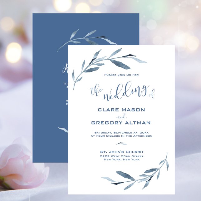 Convites Casamento de Folhas de Azul e Branco (Blue and White Watercolor Leaves Wedding Invitation)