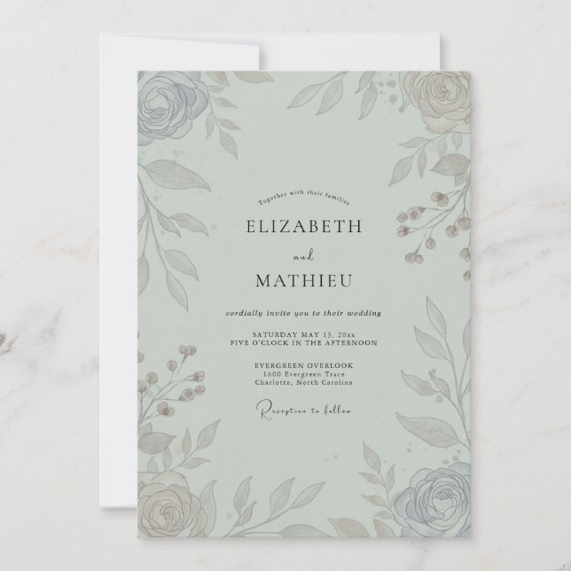 Convites Casamento de Folhas de Celadon Prateado (Frente)