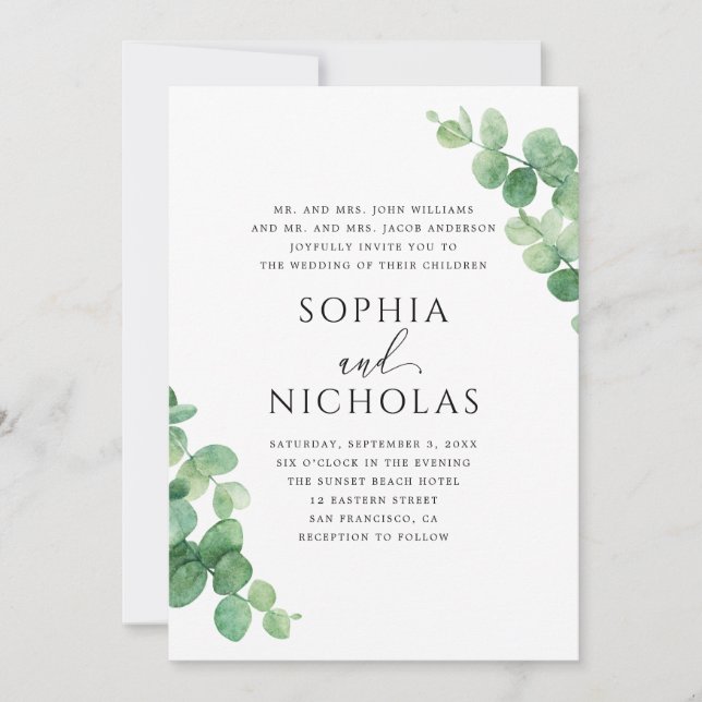 Convites Casamento de Folhas de Eucalipto. Jardim de Verdur (Frente)