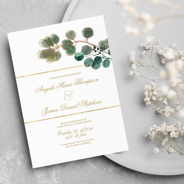 Convites Casamento de folhas de eucalipto verde-hortelã-dou (White gold mint green eucalyptus leaves wedding)