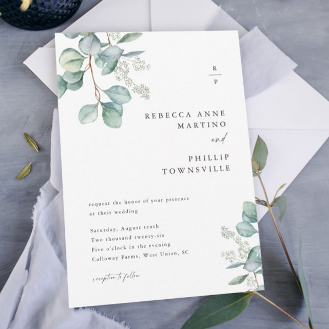 Convites Casamento de Folhas de Eucalipto Verde Moderno (A modern watercolor eucalyptus wedding invitation with couples monogram and hand-painted greenery.)