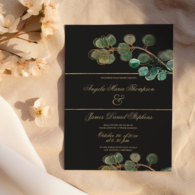 Convites Casamento de folhas de eucalipto verde ouro negro  (Elegant black gold green eucalyptus leaves wedding)