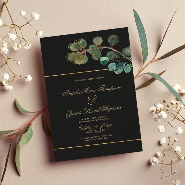 Convites Casamento de folhas de eucalipto verde ouro preto  (Luxury black gold green eucalyptus leaves wedding)
