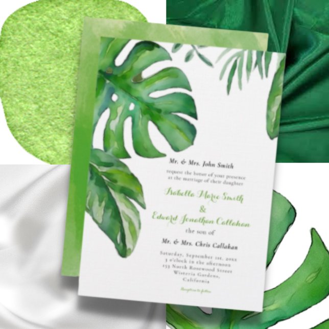 Convites Casamento de Folhas de Monstera em Aquarela Verde  (Criador carregado)
