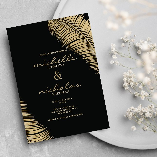 Convites Casamento de folhas de ouro e preto tropical Elega (Elegant tropical black and gold leaves wedding)