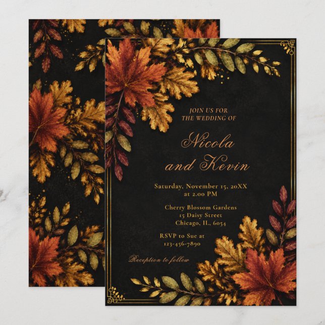 Convites Casamento de Folhas de Outono (Frente/Verso)