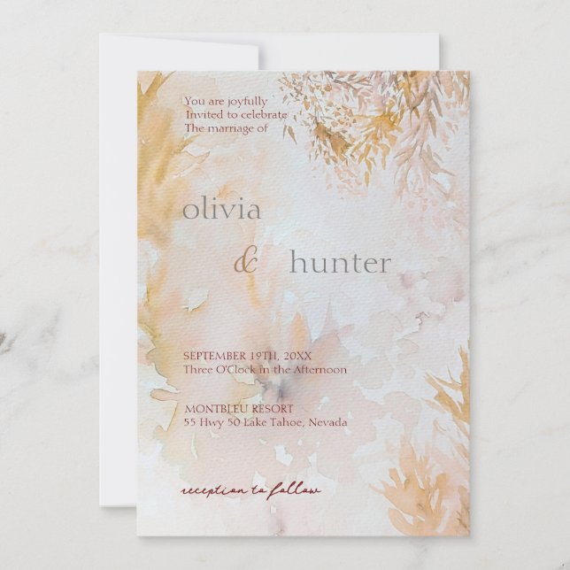 Convites Casamento de Folhas de Pastel Suave em Aquarela (Frente)