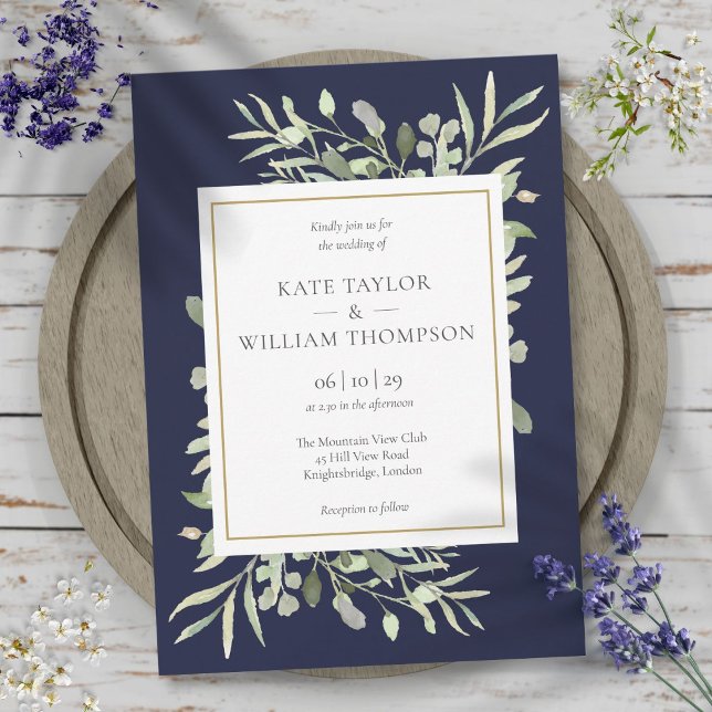 Convites Casamento de Folhas de Verde Naval Elegante (Elegant Navy Blue Greenery Leaves Wedding Invitation)