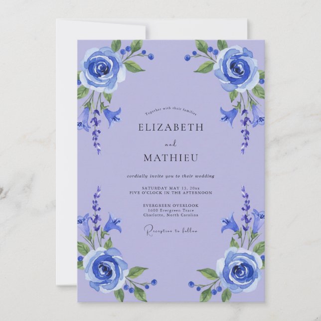 Convites Casamento de Folhas de Vinca Azul e Centáurea (Frente)