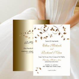Convites Casamento de Folhas Douradas Elegante com RSVP