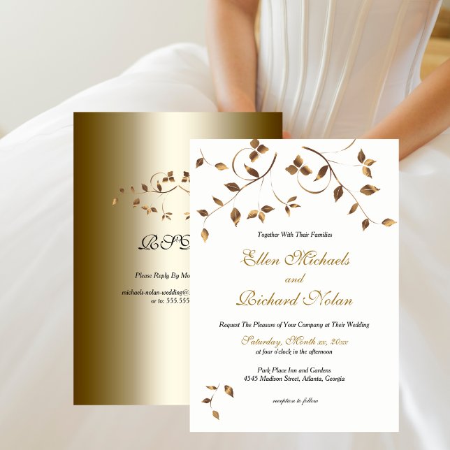 Convites Casamento de Folhas Douradas Elegante com RSVP (Elegant Gold Leaves Wedding with RSVP Invitation)