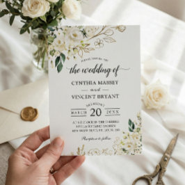 Convites Casamento de Folhas Douradas Florais Rosa Branca V