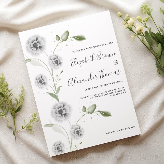 Convites Casamento de folhas florais branco de hortelã (Watercolor mint white poppy floral leaves wedding)