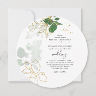 Convites Casamento de Folhas Geométricas Douradas Eucalyptu