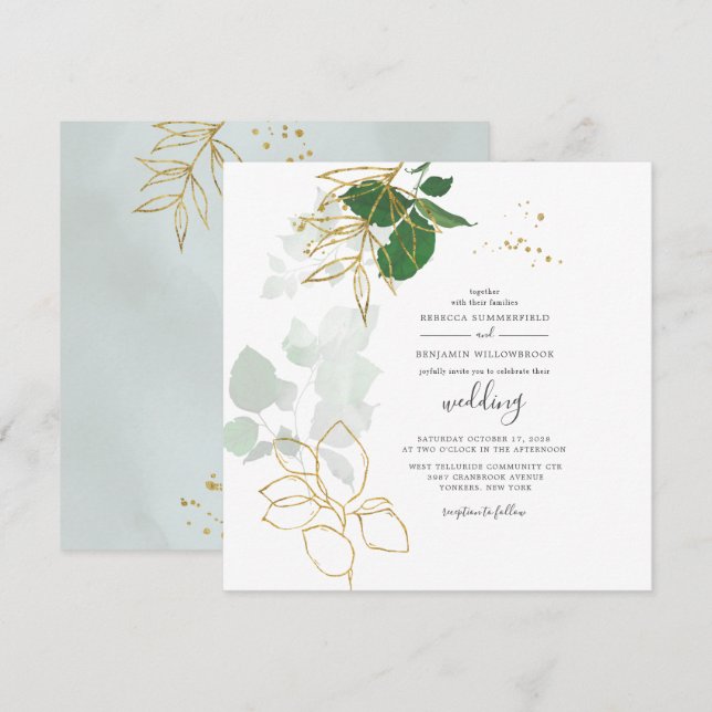Convites Casamento de Folhas Geométricas Douradas Eucalyptu (Frente/Verso)