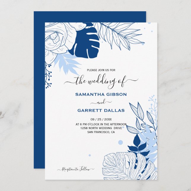 Convites Casamento De Folhas Tropicais Azul E Branco (Frente/Verso)