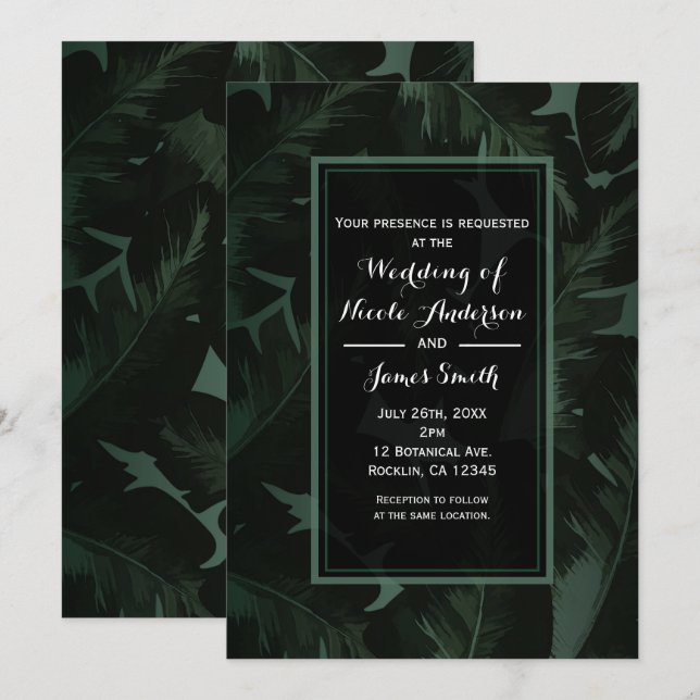Convites Casamento de Folhas Tropicais Chic Green & Black (Frente/Verso)