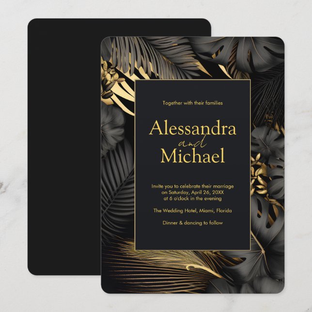 Convites Casamento de Folhas Tropicais Douradas Modernas (Frente/Verso)