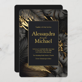 Convites Casamento de Folhas Tropicais Douradas Modernas