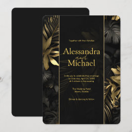 Convites Casamento de Folhas Tropicais Douradas Modernas