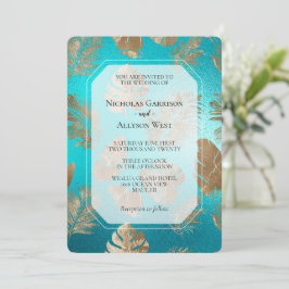 Convites Casamento de Folhas Tropicais Douradas Turquesa