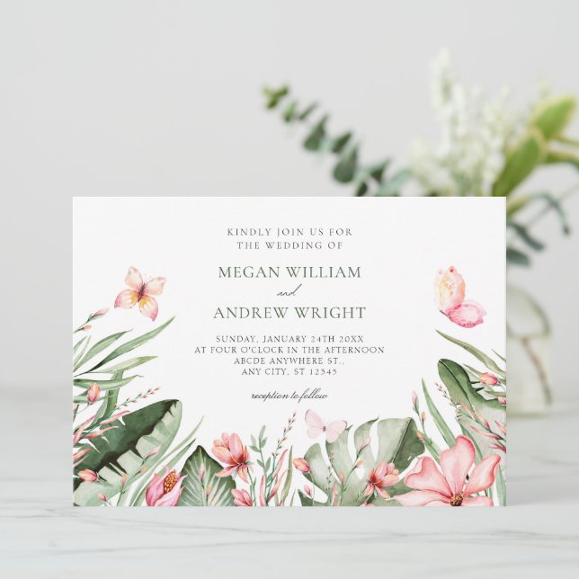 Convites Casamento de folhas tropicais e flores (Em pé/Frente)