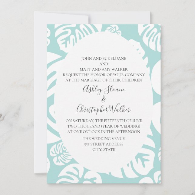 Convites Casamento de Folhas Tropicais em Azul e Branco Sua (Frente)