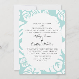 Convites Casamento de Folhas Tropicais em Azul e Branco Sua