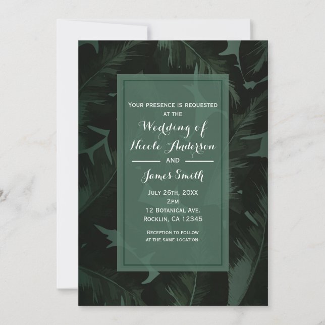 Convites Casamento de Folhas Tropicais Green & Black Chic (Frente)