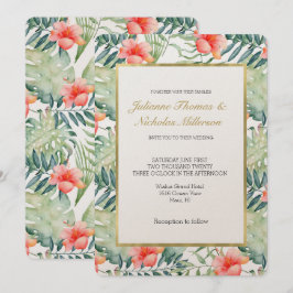 Convites Casamento de Folhas Tropicais Hibiscus Floral Wate