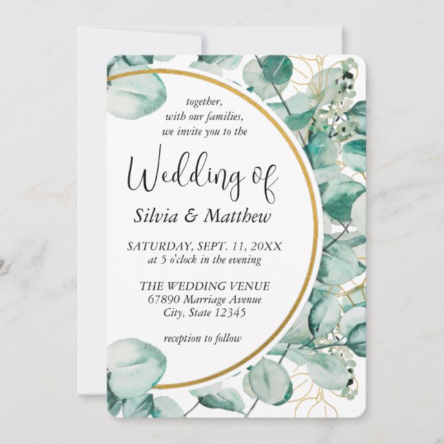 Convites Casamento de Folhas Verde-Menta em Aquarela (Frente)