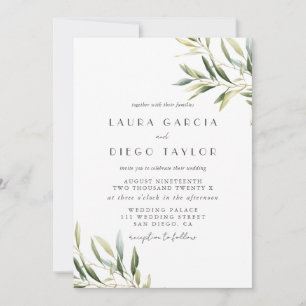 Convites Casamento de Folhas Verde Oliva em Aquarela