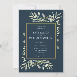 Convites Casamento de Folhas Verdes e Azul Marinho Dourado