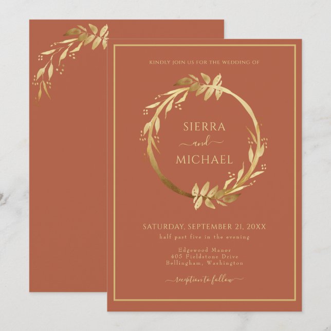 Convites Casamento de Foliage Terracotta Rust, Ouro Elegant (Frente/Verso)