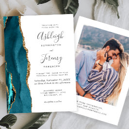 Convites Casamento de Foto Ágata Azul Teal Moderno Dourado