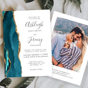 Convites Casamento de Foto Ágata Azul Teal Moderno Dourado