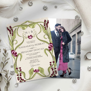 Convites Casamento de Foto Art Nouveau Vintage Rosa Borgonh