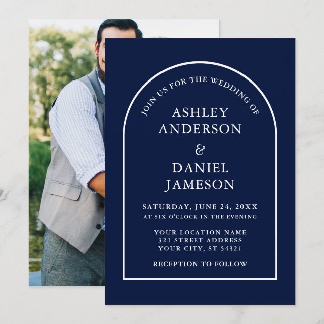 Convites Casamento de Foto Azul com Arch Na moda Moderno (Frente/Verso)