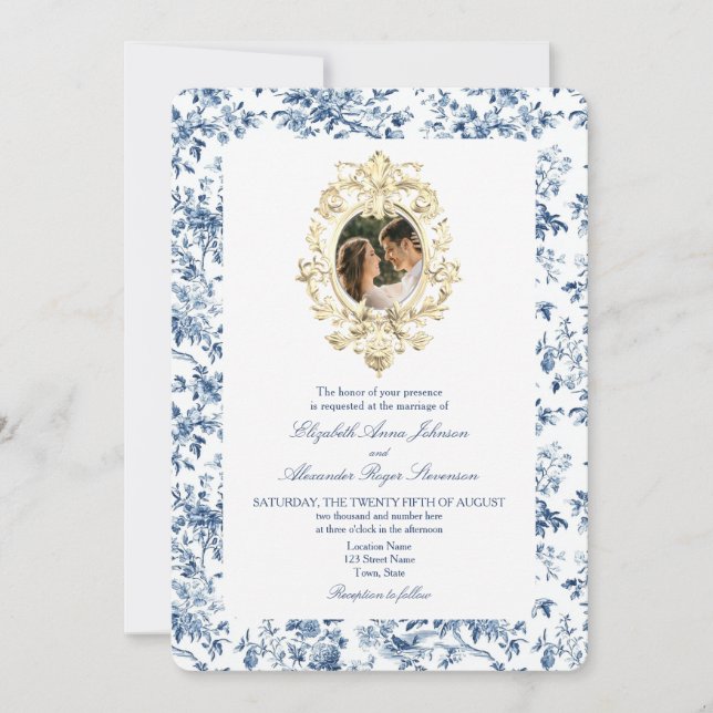 Convites Casamento de Foto Azul com Dusty Toile Floral (Frente)