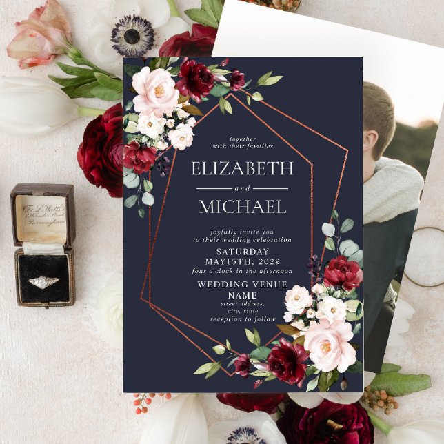 Convites Casamento de Foto Azul da Borgonha Geométrica de C (Criador carregado)