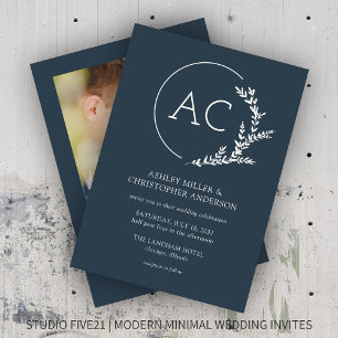Convites Casamento de Foto Azul de Indigo com Quadro Foliar