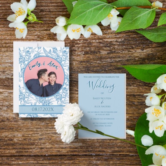 Convites Casamento de Foto Azul de Pássaro Floral Toile (Criador carregado)