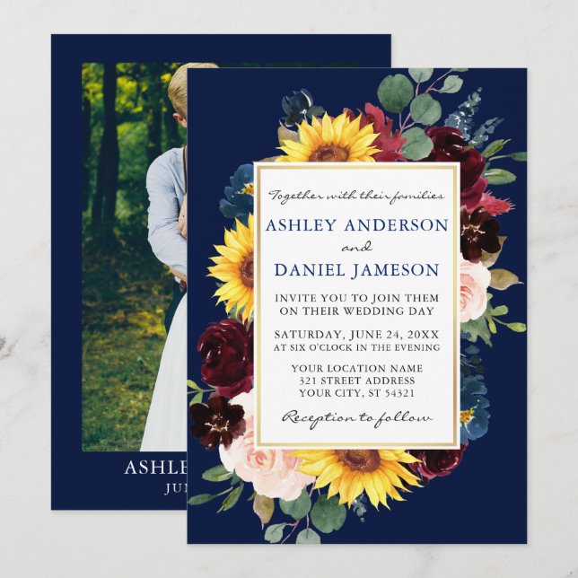 Convites Casamento de Foto Azul Dourado Floral de Watercolo (Frente/Verso)