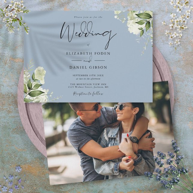 Convites Casamento de Foto Azul Dusty com Verde Botânico Mo (Modern Botanical Greenery Dusty Blue Photo Wedding Invitation)