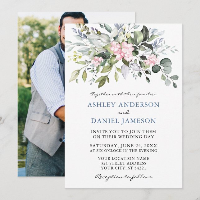 Convites Casamento de Foto Azul Dusty Pink Greenery (Frente/Verso)