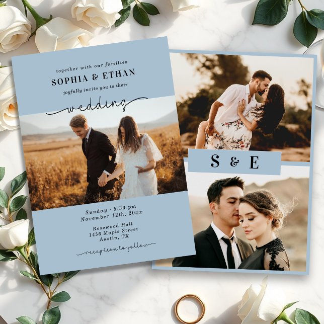 Convites Casamento de Foto Azul Dusty, Script Elegante (Criador carregado)