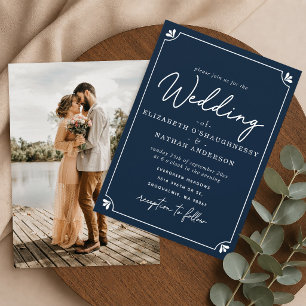 Convites Casamento de Foto Azul e Branco com Letra Elegante