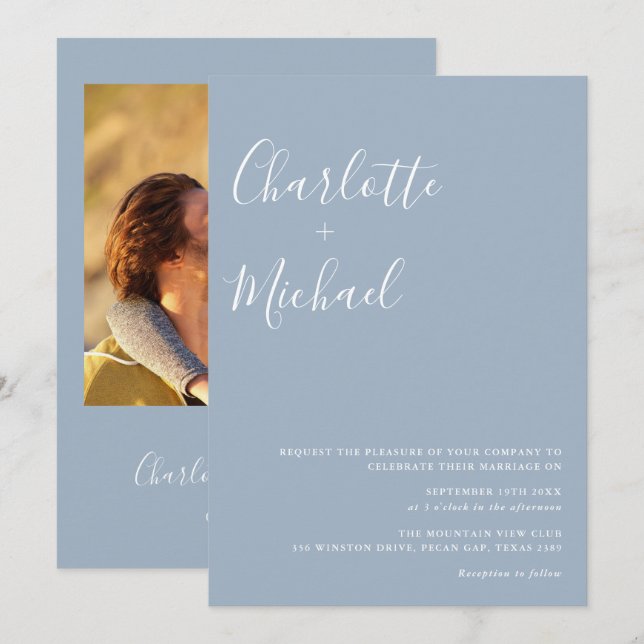 Convites Casamento de Foto Azul Poeirento com Roteiro Minim (Frente/Verso)